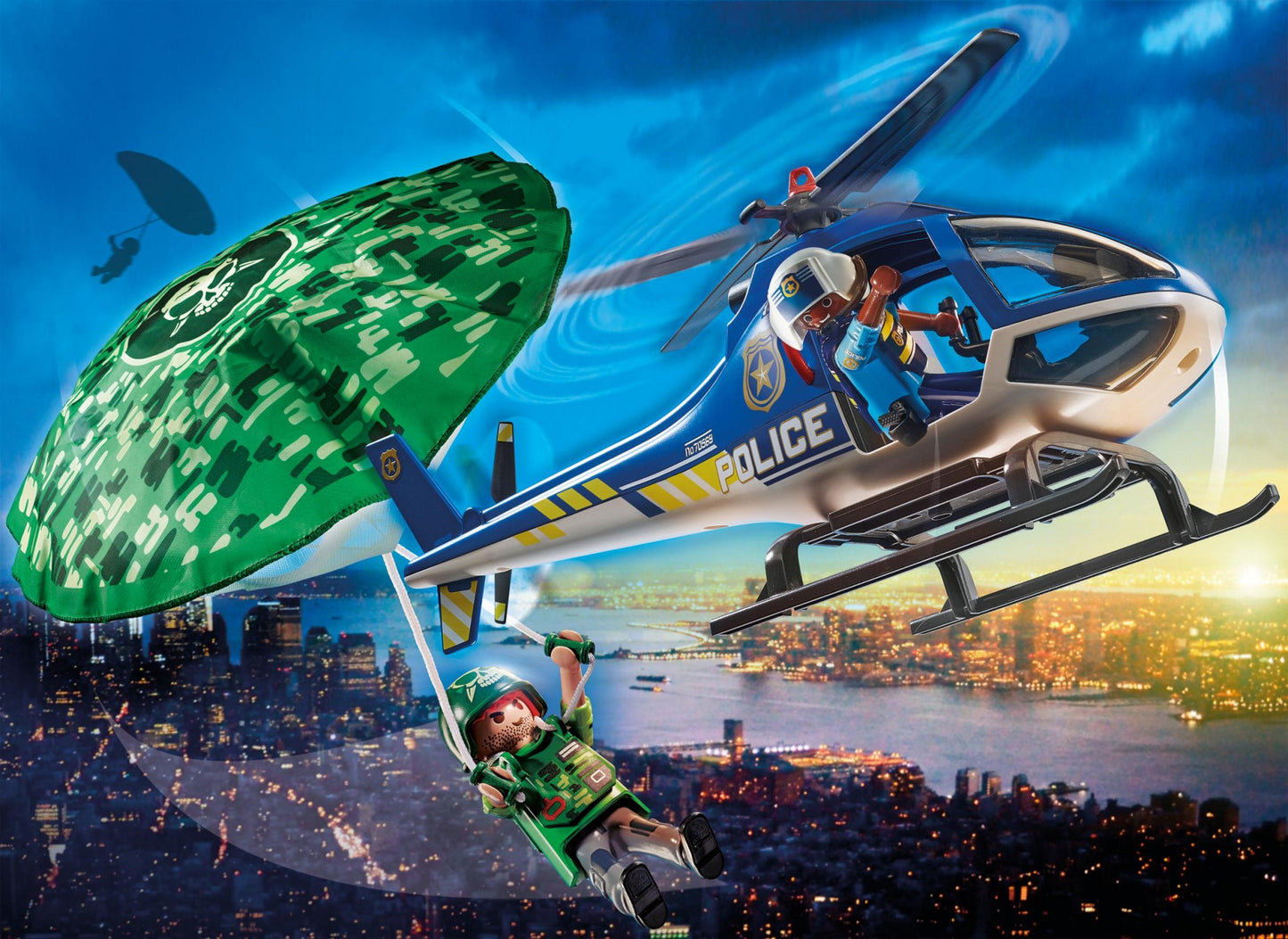 PLAYMOBIL CIUDAD HELICOPTERO DE POLICIA PERSECUCION EN PARACAIDAS