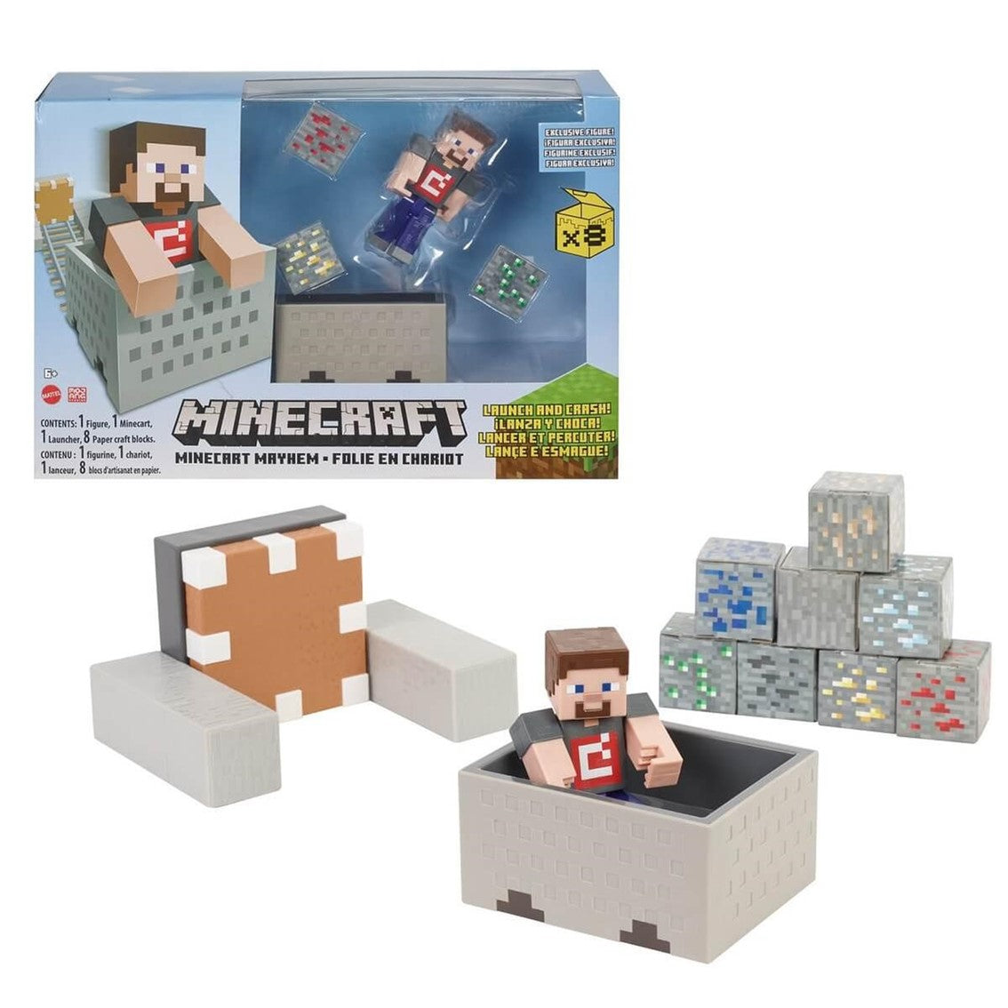 FIGURA MATTEL MINECRAFT VAGONETA EXPLOSIVA LANZA Y CHOCA