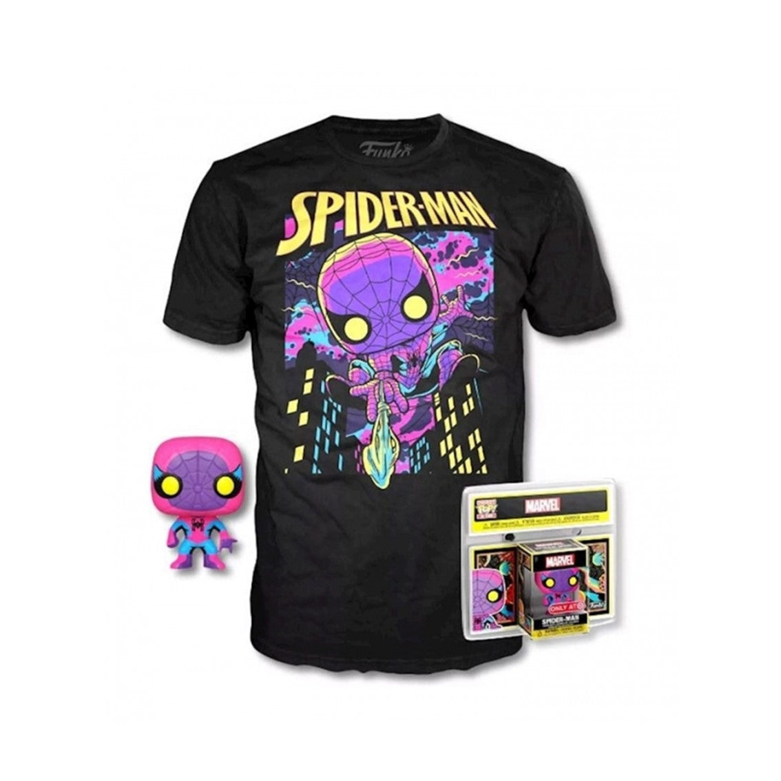 POP & TEE MARVEL SPIDERMAN BLACK LIGHT FUNKO + CAMISETA TALLA L