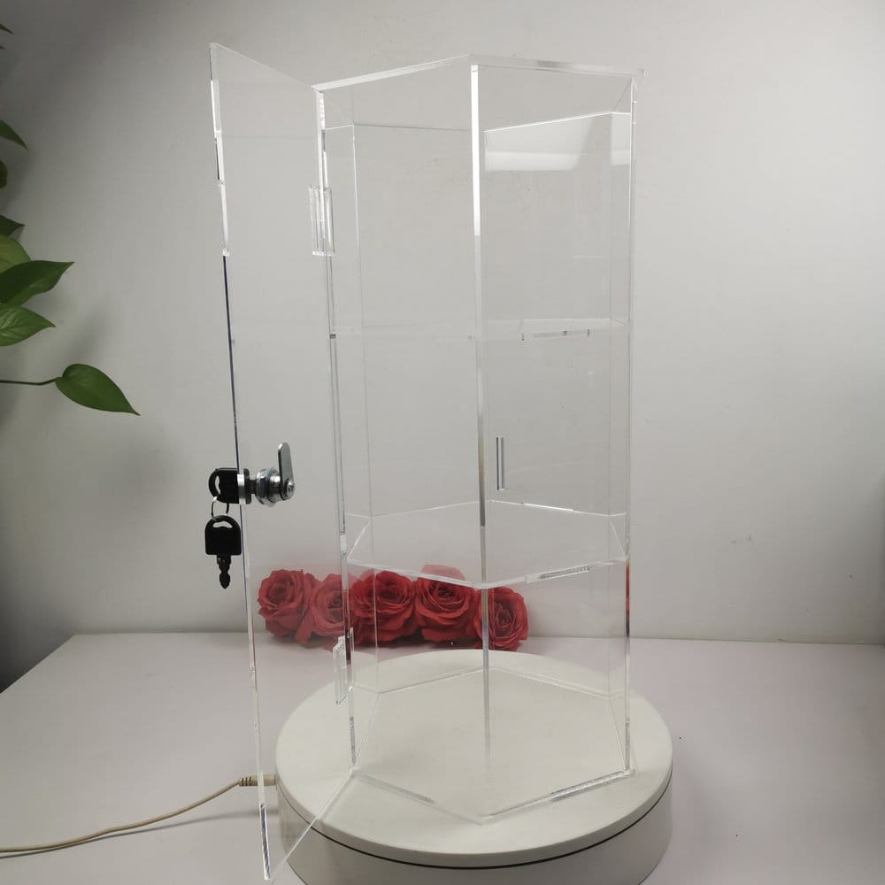 Evoretro Torre de exhibición hexagonal de acrílico de 3 niveles con cerradura