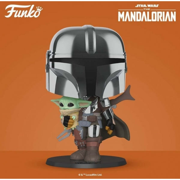 FUNKO POP STAR WARS THE MANDALORIAN EL MANDALORIANO XL VERSION ARMADURA CROMATICA CON YODA EN BRAZOS 49931