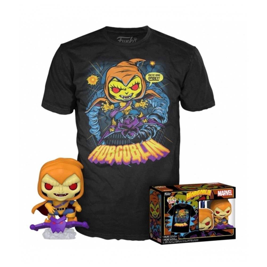 Funko pop marvel spiderman hobgoblin + camiseta exclusiva talla xl