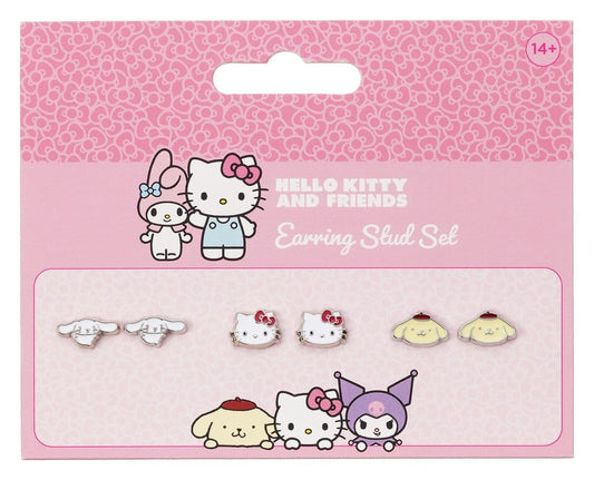 Sanrio Juego de Pendientes de Botón Hello Kitty, Cinnamon Roll y Pompompurin