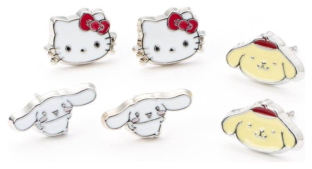 Sanrio Juego de Pendientes de Botón Hello Kitty, Cinnamon Roll y Pompompurin