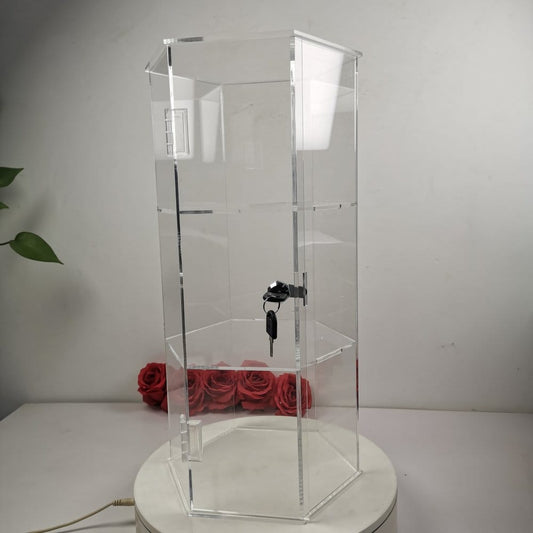 Evoretro Torre de exhibición hexagonal de acrílico de 3 niveles con cerradura