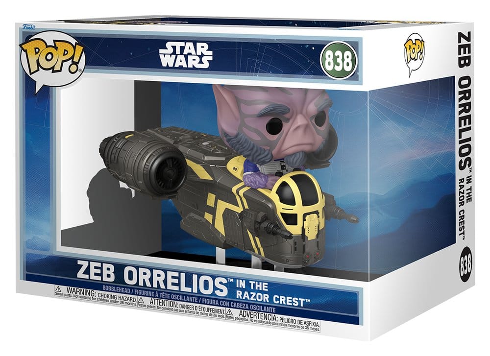 Star Wars: The Mandalorian and Grogu POP! Rides Deluxe Vinyl Cabezón Zeb Orrelios in the Razor Crest 9 cm