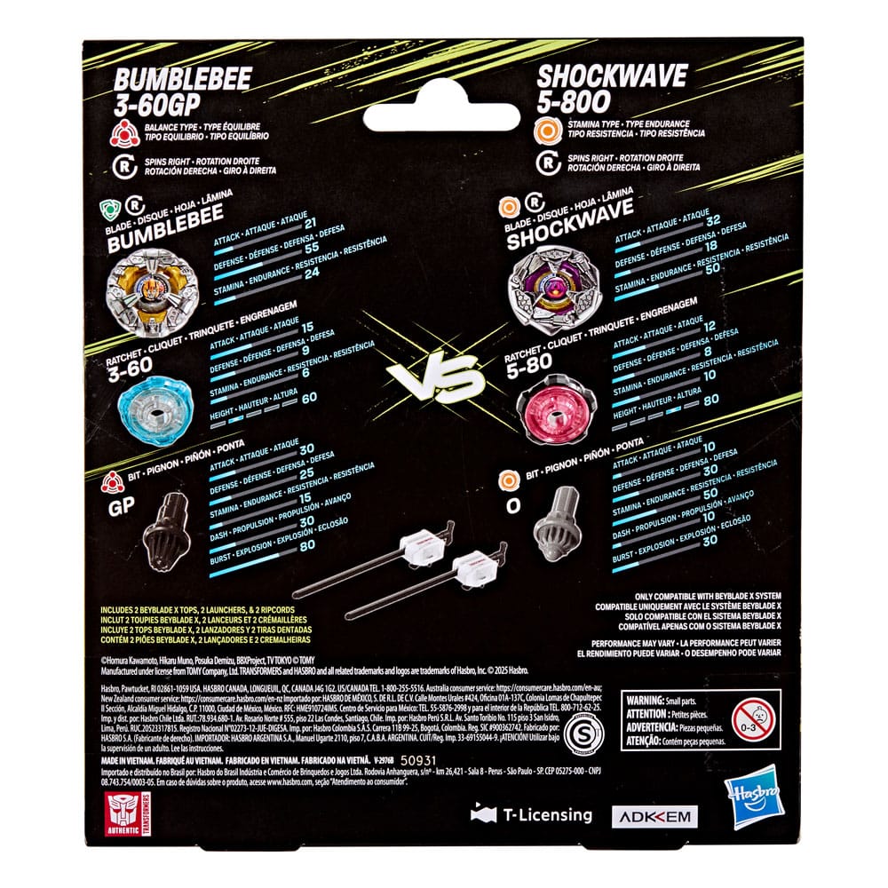Colaboración Beyblade X and Transformers , Bumblebee 3-60GP vs. Shockwave 5-80O