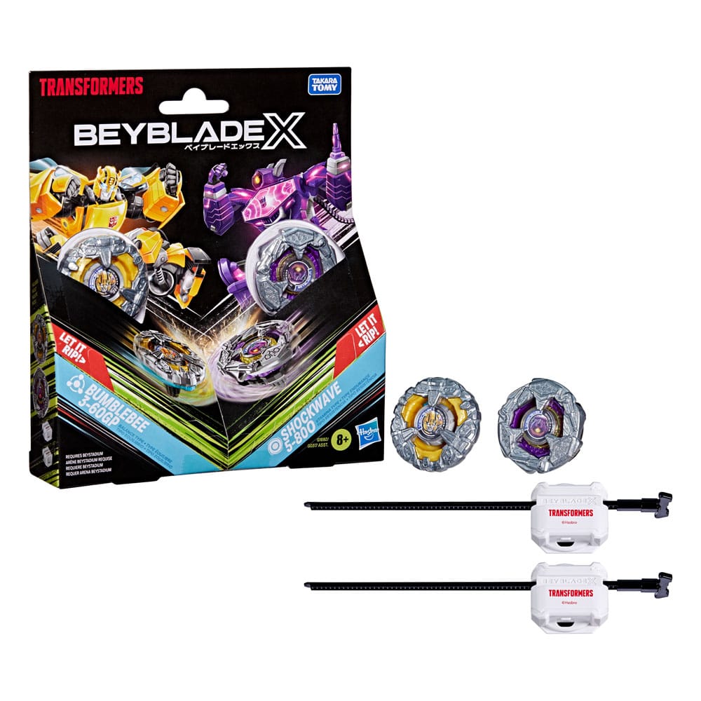 Colaboración Beyblade X and Transformers , Bumblebee 3-60GP vs. Shockwave 5-80O