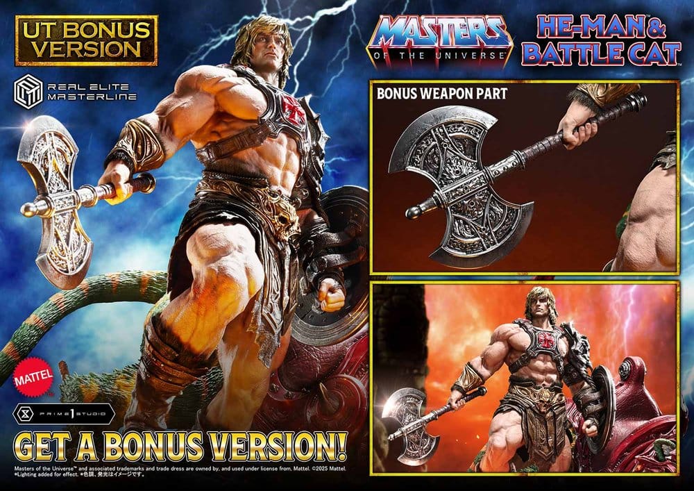 Masters of the Universe Estatua Real Elite Masterline Series 1/4 He-Man & Battle Cat Ultimate Bonus Version 86 cm