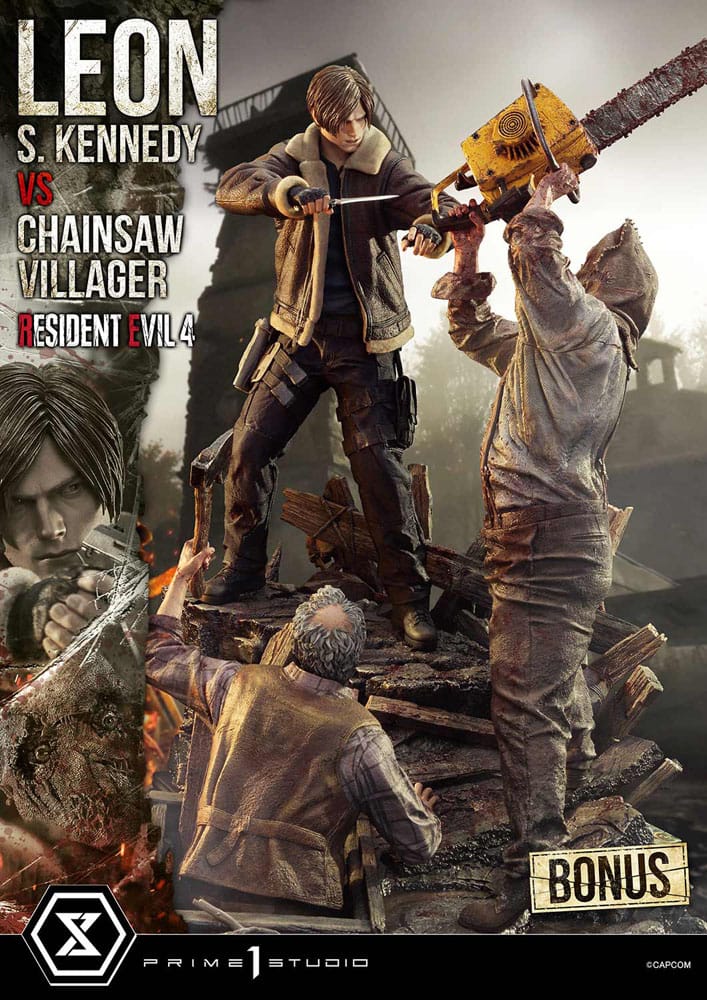 Resident Evil 4 Estatua Ultimate Premium Masterline Series 1/4 Leon S. Kennedy vs. Chainsaw Villager Bonus Ver. 76 cm