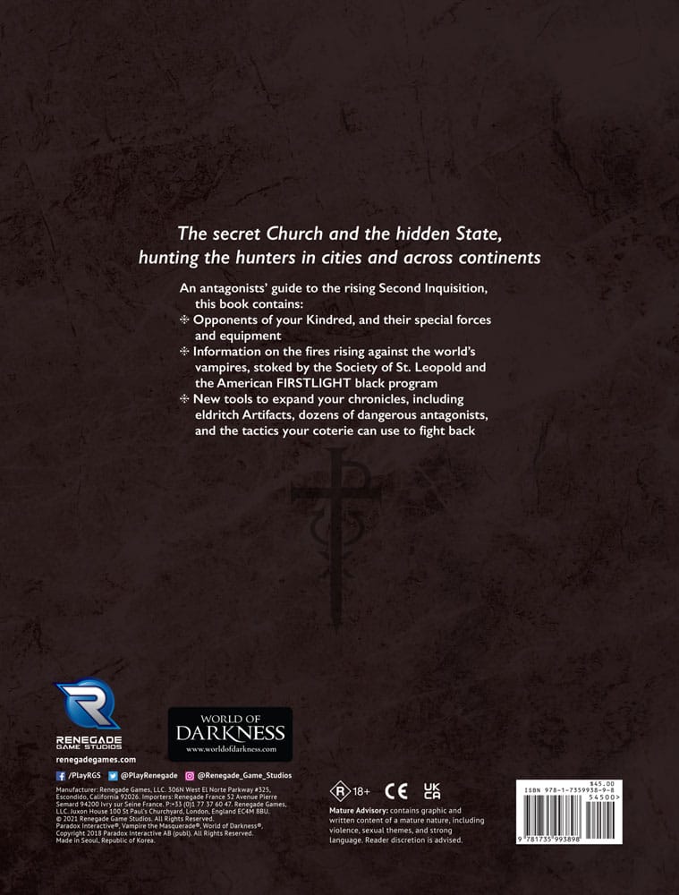 Vampire: The Masquerade 5th Edition RPG libro Second Inquisition *Edición Inglés*