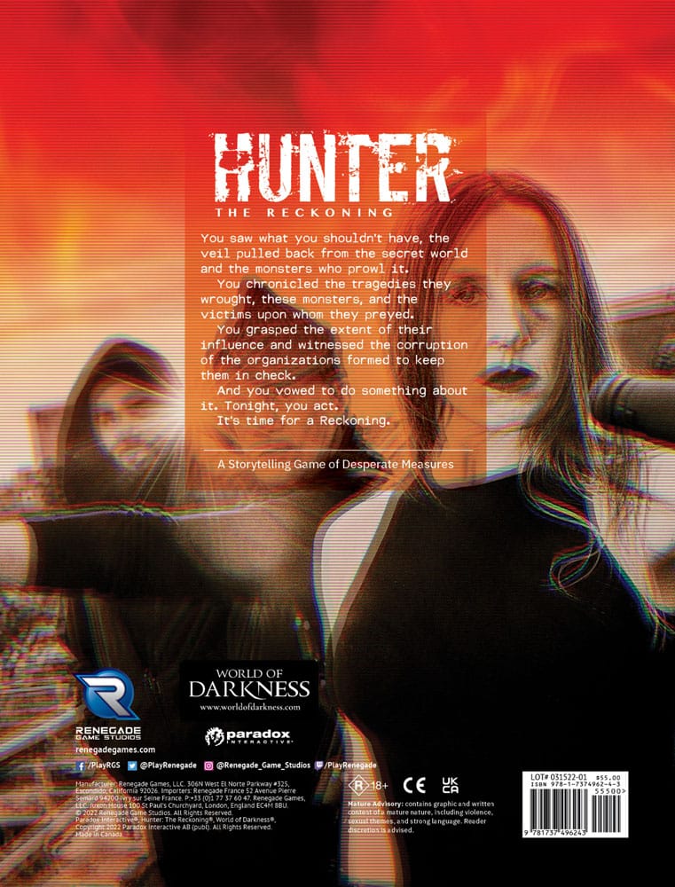 Hunter: The Reckoning 5th Edition RPG libro Game Core Rulebook *Edición Inglés* - Z POP Toys